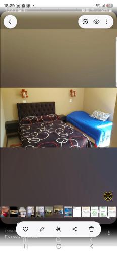 two pictures of a bedroom with a bed and a monitor at S de uribe in Uribelarrea