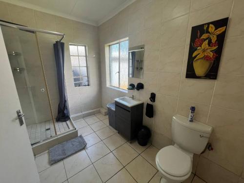 a bathroom with a toilet and a shower and a sink at Stylish 1-Bed Cottage,Garden, Pool Secure Parking in Alberton