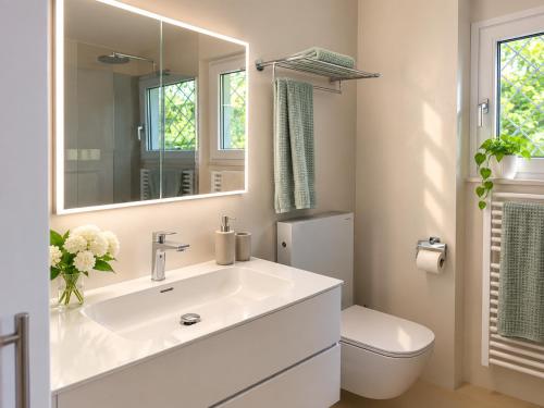 a white bathroom with a sink and a toilet at Casa Panorama in Brissago