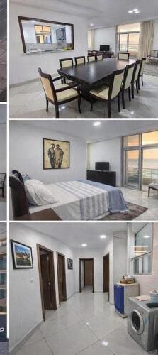 two pictures of a room with a table and a tv at ApartHotel Amirah in Maputo