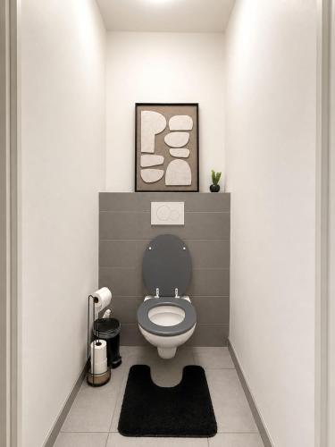 a bathroom with a toilet with a picture on the wall at LorOtel - Frontiere - Aeroport in Saint-Louis