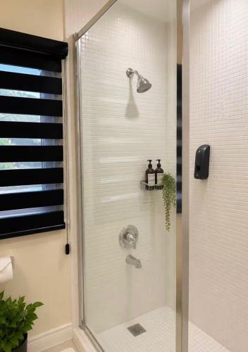 a shower with a glass door in a bathroom at Apartment in St Ann in Priory