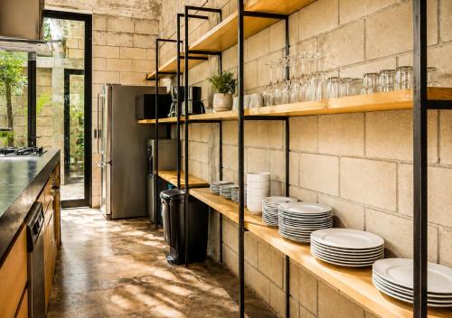 a kitchen with a counter with plates on shelves at Hum Living Luxury Villas in Tulum