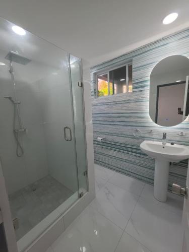 a bathroom with a shower and a sink and a mirror at Tranquil Haven in Bellevue