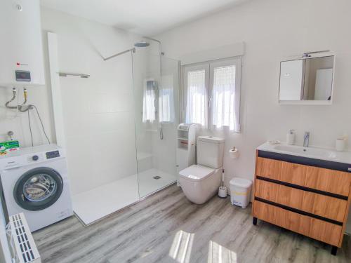a bathroom with a toilet and a shower and a sink at Apartamento Aira in Villadepalos