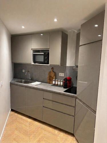 a kitchen with stainless steel cabinets and a microwave at Riverside Studio Joinville-Le-Pont in Joinville-le-Pont