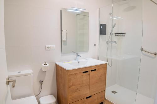 a bathroom with a toilet and a sink and a shower at Habitaciones Aira in Villadepalos