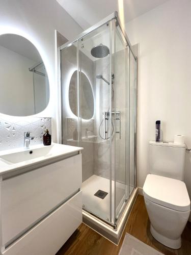 a white bathroom with a shower and a toilet at LOCAPONDI 5 - Les Reflets du Canal in Pontivy