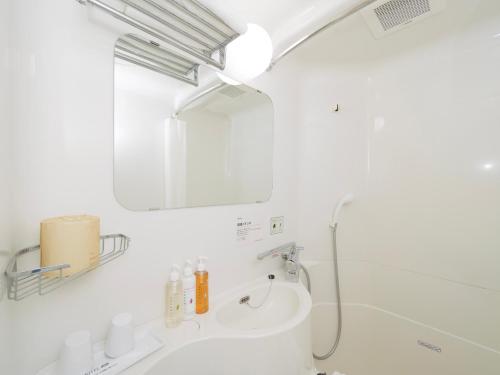 a white bathroom with a sink and a mirror at Super Hotel Tottori Station North Exit Smoke-Free in Tottori
