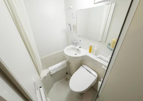 a bathroom with a toilet and a sink and a mirror at Super Hotel Asakusa in Tokyo
