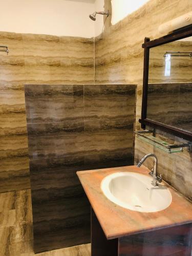 a bathroom with a sink and a mirror at silent park sauraha in Sauraha