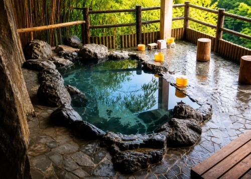 a swimming pool in the middle of a yard at 藤の湯えびす屋 in Yunokami