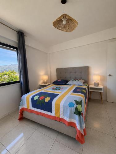 a bedroom with a bed and a large window at Fare Manihinihi 2BR APPARTMENT TARAVAO CENTER in Mitirapa