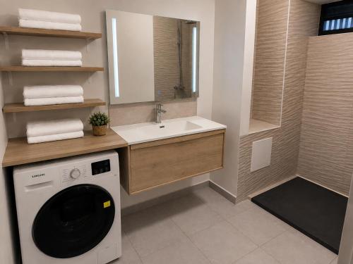 a bathroom with a washing machine and a sink at Fare Manihinihi 2BR APPARTMENT TARAVAO CENTER in Mitirapa