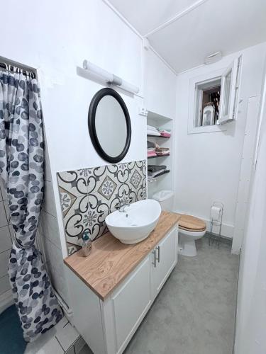 a bathroom with a sink and a mirror at Appartement avec terrasse privative in Celles-sur-Plaine