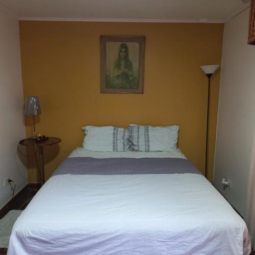 a bedroom with a white bed with a picture on the wall at Guesthouse Playa Chinchorro in Arica