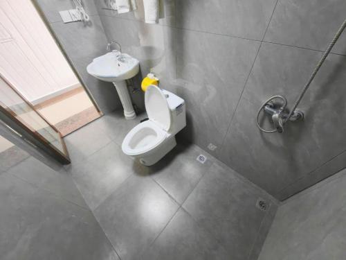 a bathroom with a toilet and a sink at Mount Emei Fulin Hotel in Baoguosi