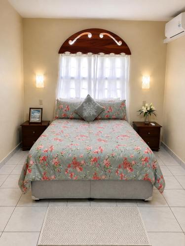 a bedroom with a large bed with a window at EV's Place in San Ignacio