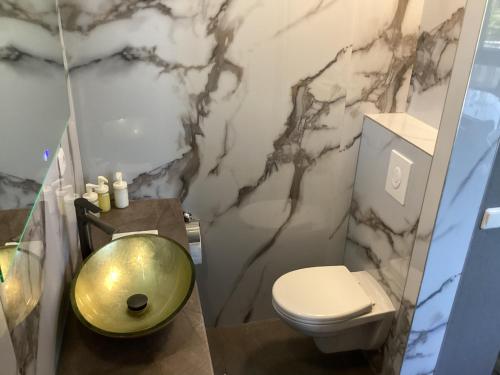 a bathroom with a toilet and a gold sink at B&B DownUnder in Vlissingen