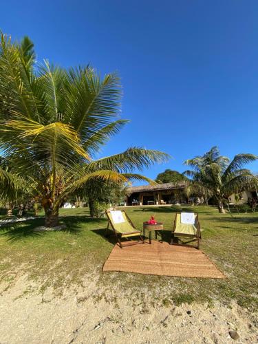 two chairs and a table on the beach with a palm tree at Ankavia Lodge in Sainte Marie