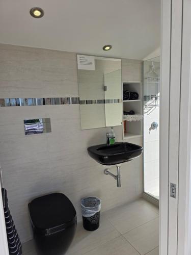 a bathroom with a black sink and a toilet at The Nikau Loft in Onetangi
