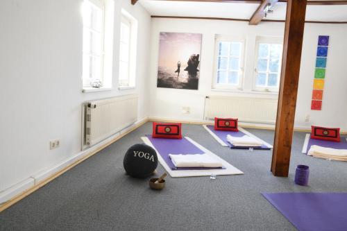 a room with several yoga mats in a room with windows at Landhotel Altes Zollhaus in Hermsdorf