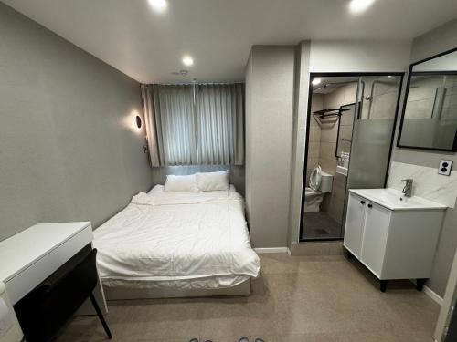 a small bedroom with a bed and a sink at Mega Stay Dongdaemun in Seoul