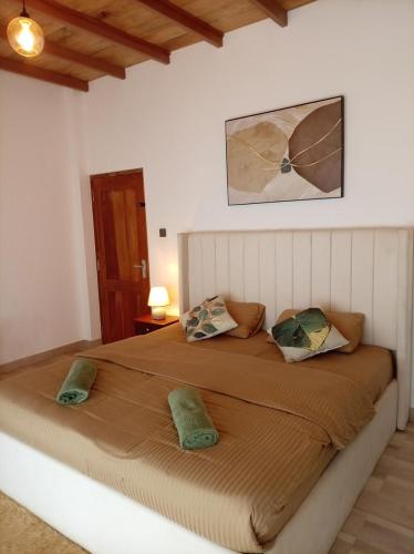 a bedroom with a large bed with two pillows at Skye in Hortons in Pattipola