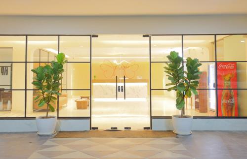 two potted plants in front of a store window at Rhyme Hotel - Hitech City in Hyderabad