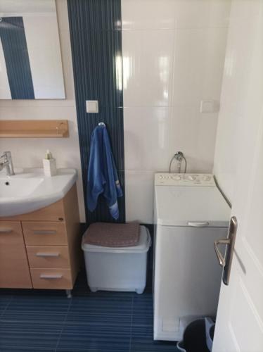 a small bathroom with a toilet and a sink at Betty's Seaside Olive House in Ofrínion