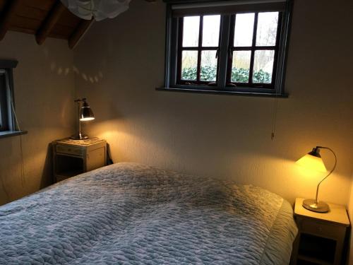 a bedroom with a bed and a window at Boerderijte De Lytse Formerum in Formerum