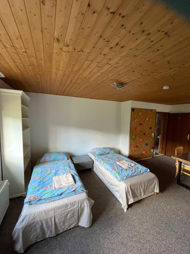 two beds in a room with a wooden ceiling at Ferienwohnung am Rande des Rothaarsteigs in Kreuztal