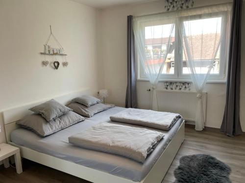 a bedroom with two beds in front of a window at Apartmán u Fryšávky in Fryšava