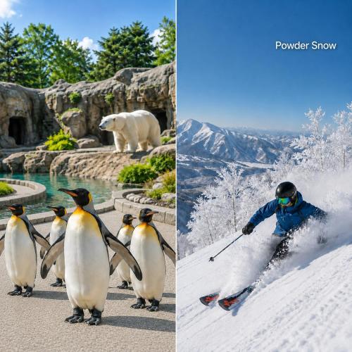 two pictures of penguins and a person skiing at Open記念セール!! AXIS STAY asahikawa36 旭川街中に佇むLuxury Stay in Asahikawa