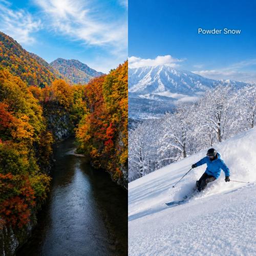 two pictures of a person skiing down a snow covered slope at Furano Ski Frante 2 in Furano
