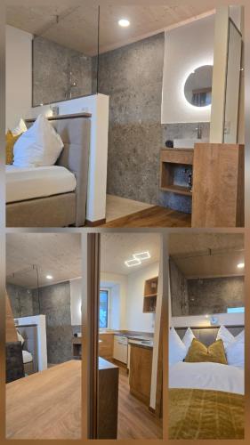 a collage of pictures of a room with a bed at Landhof Harrauer in Erlauf