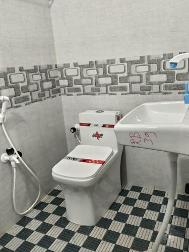 a bathroom with a toilet and a sink at VIDYA Homestay in Hampi