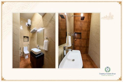 two pictures of a bathroom with a sink and a toilet at Temple Town Stay in Kanchipuram
