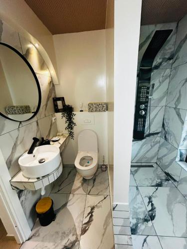 a bathroom with a sink and a toilet and a mirror at Hobbitul lui Maș in Valea lui Maş