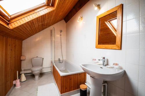 a bathroom with a sink and a toilet and a mirror at Chambres d'hôtes à Bavent in Bavent