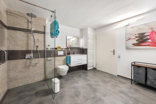 a bathroom with a shower and a toilet at Ferienwohnung Marina in Stockach