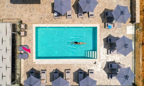 an overhead view of a person swimming in a swimming pool at Pranvera Villa Sea View & Pool in Dhrámia