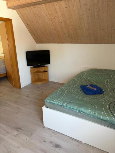 a bedroom with a bed and a flat screen tv at Haus Milan in Holzminden