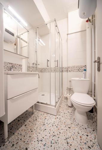 a bathroom with a toilet and a glass shower at Studio cosy - proche cathédrale in Chalon-sur-Saône