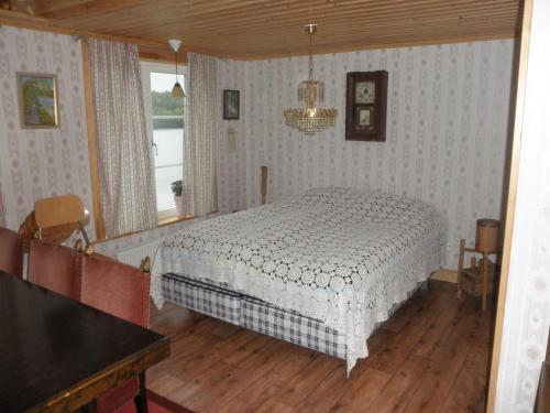 a bedroom with a bed and a table and a window at Sjöanäs 3 in Tolg