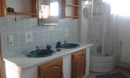 ein Bad mit 2 Waschbecken und einer Dusche in der Unterkunft Entre Terre et Mer in Oye-Plage