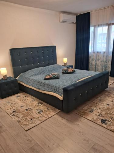 a bedroom with a bed with two pillows on it at Apartament NECTARIA in Băile Herculane