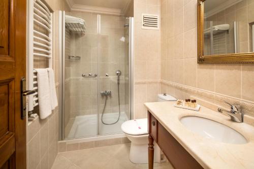a bathroom with a shower, toilet, sink and tub at Hotel Sari Konak in Istanbul