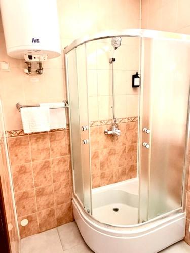 eine Dusche mit Glastür im Badezimmer in der Unterkunft Okolytsya in Riwne