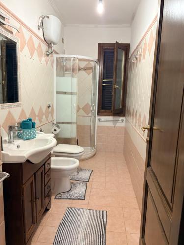 a bathroom with a toilet and a sink and a shower at L Isola in Càbras